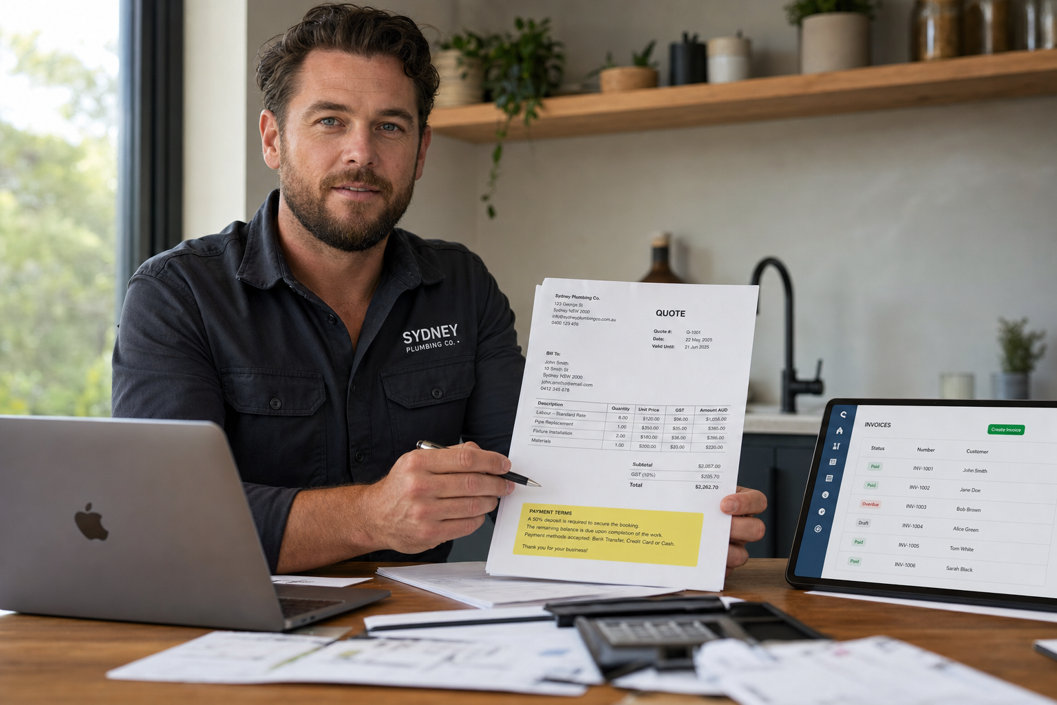 Tradesperson reviewing payment terms and invoice paperwork at a desk with a laptop