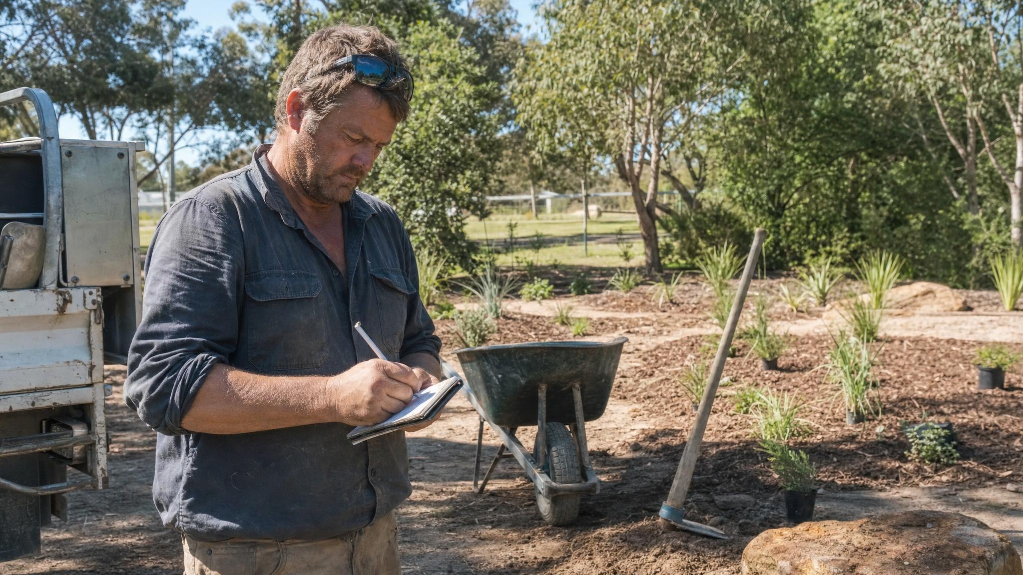 Australian landscaper preparing a quote for a garden job
