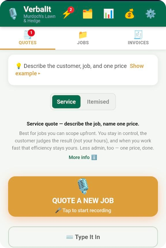 VerbalIt record screen ready to voice a new quote, with the Service and Itemised quote toggle