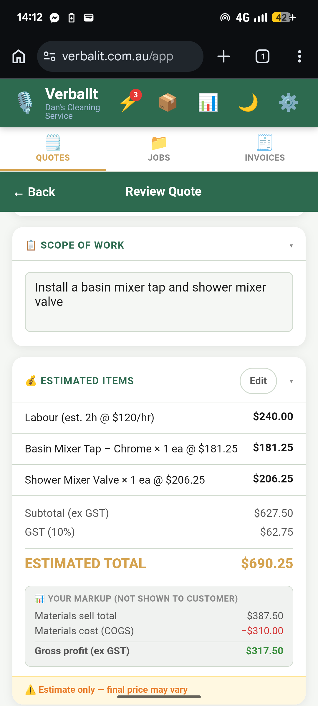 VerbalIt quote review screen